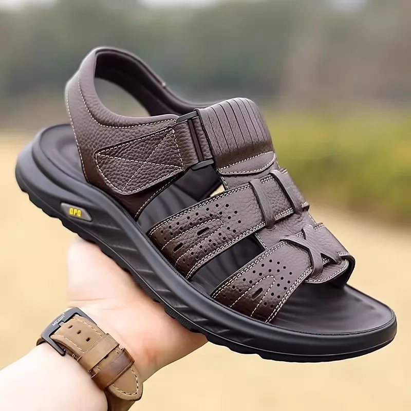 New Men's Sandals Cowhide Beach Shoes Casual Platform Slippers Velcro White Men's Leather Sandals